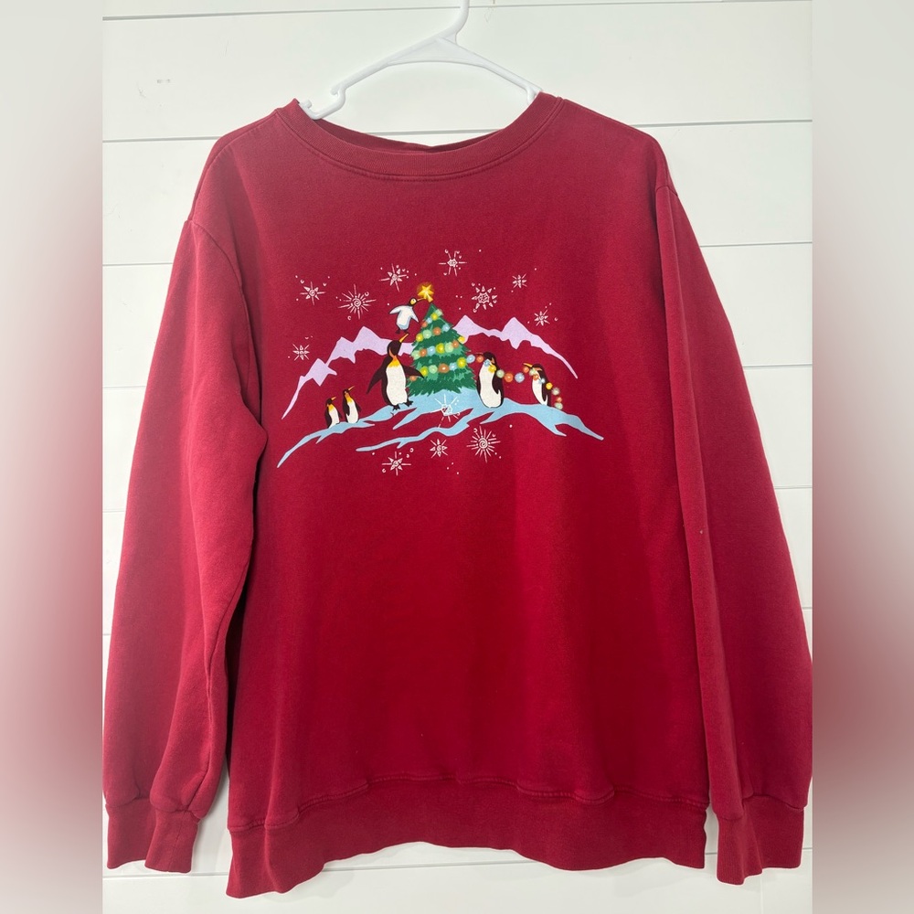Blair Penguin Christmas Sweatshirt Red‎ Holiday Graphic Pullover Womens